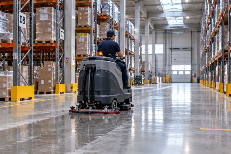 Lavasciuga industriale con operatore a bordo in un magazzino