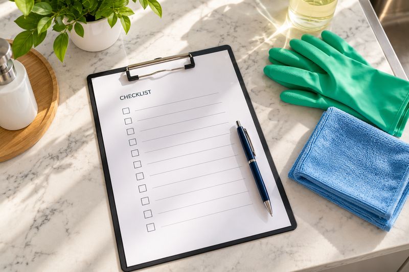 Checklist di lavoro con penna, guanti e panno in microfibra su un piano in marmo
