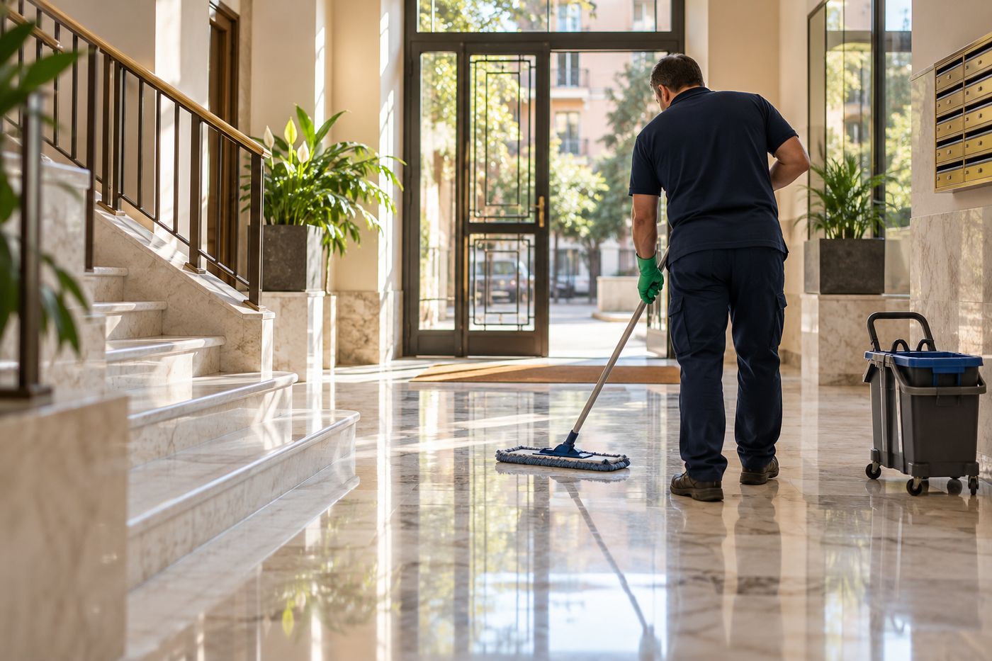 Addetto alle pulizie che lava il pavimento in marmo di un androne condominiale
