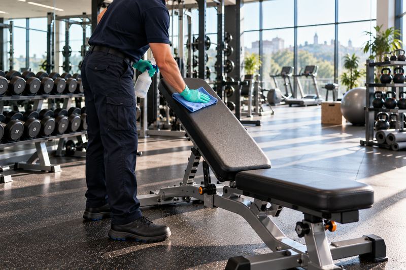Igienizzazione di una panca in una palestra