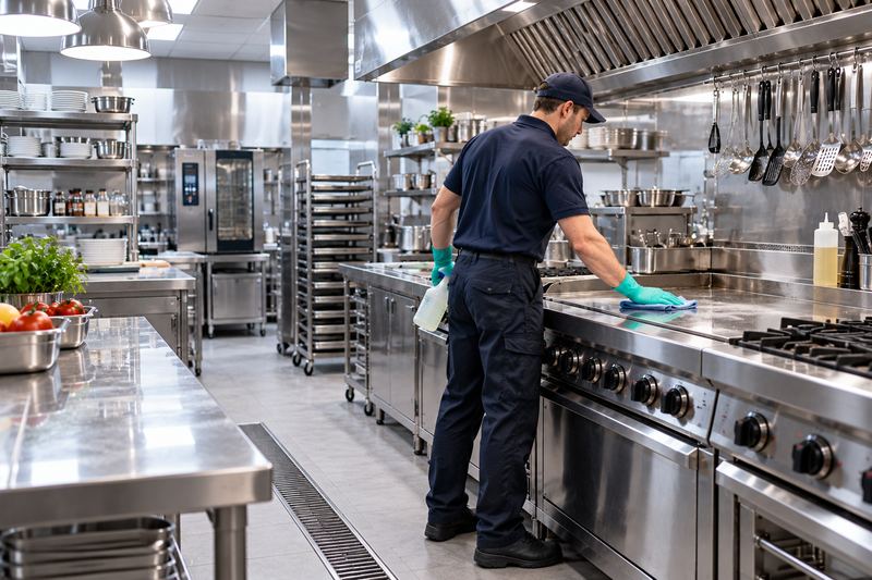 Sgrassatura dei piani in acciaio di una cucina professionale