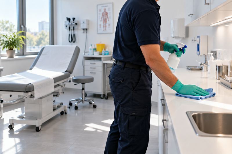 Pulizia del piano di lavoro in uno studio medico
